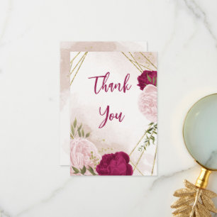 magenta pink flowers green leaves wedding thank you card