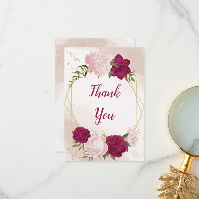 magenta pink flowers green leaves wedding thank you card (Front/Back In Situ)