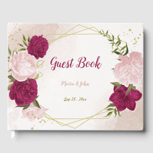 magenta pink flowers greenery guest book