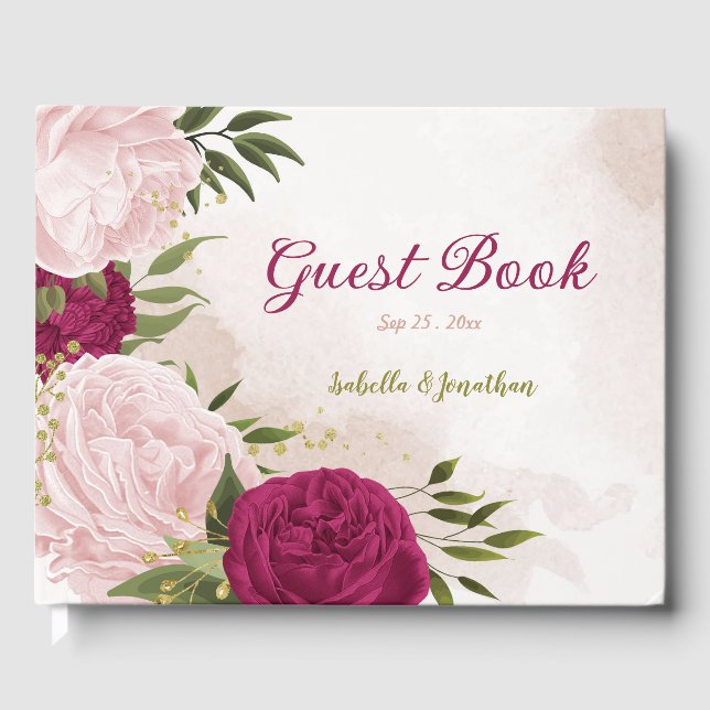 magenta pink flowers greenery guest book (Front)