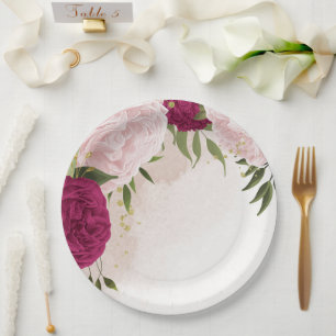 magenta pink flowers greenery wedding paper plate