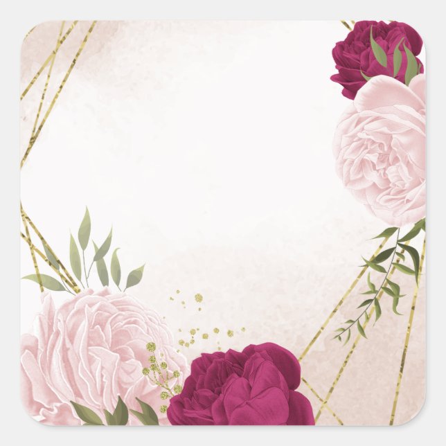 magenta pink flowers greenery wedding square sticker (Front)