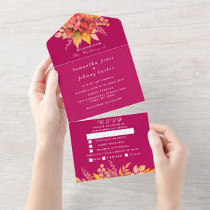 Magenta Pink Fuchsia Fall Floral Elegant Wedding All In One Invitation