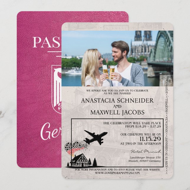 Magenta Pink Germany Passport Wedding Invitation (Front/Back)