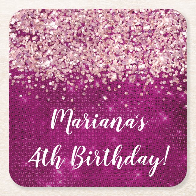 Magenta Pink Girl Any Age Birthday Party Square Paper Coaster (Front)