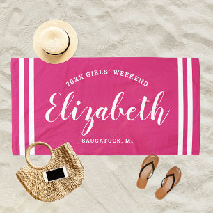 Magenta Pink Girls Weekend Personalised Name Beach Towel