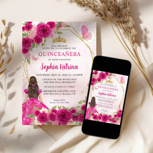 Magenta Pink Glam Gold Floral Princess Quinceañera Invitation