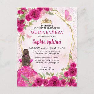 Magenta Pink Glam Gold Floral Princess Quinceañera Invitation Postcard