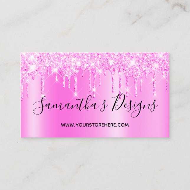 Magenta Pink Glitter Drips Ombre Online Store Business Card (Front)