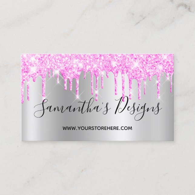 Magenta Pink Glitter Drips Silver Ombre Business Card (Front)