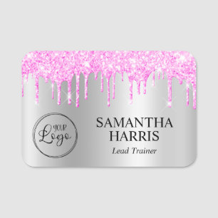 Magenta Pink Glitter Drips Silver Shimmer Name Tag