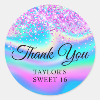 Magenta Pink Glitter Iridescent Sweet 16 Thank You Classic Round Sticker