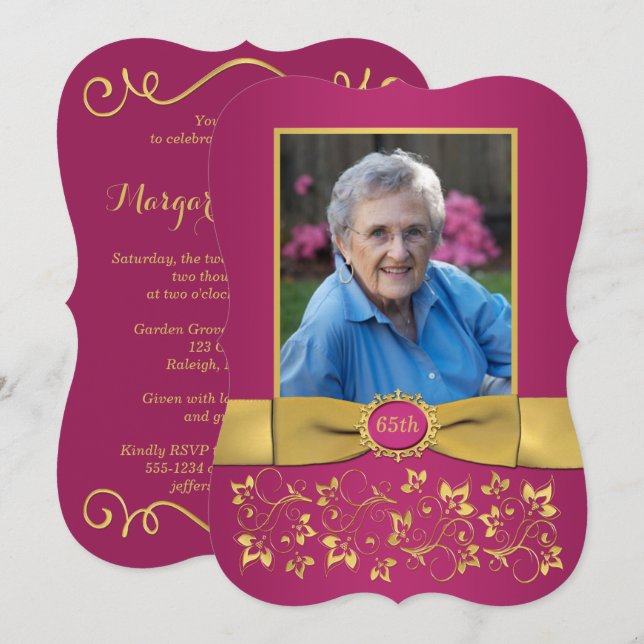 Magenta Pink, Gold 65th Photo Birthday Invitation (Front/Back)