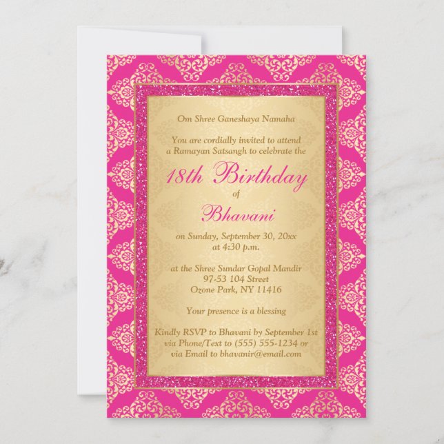 Magenta Pink, Gold Damask 18th Birthday Invitation (Front)