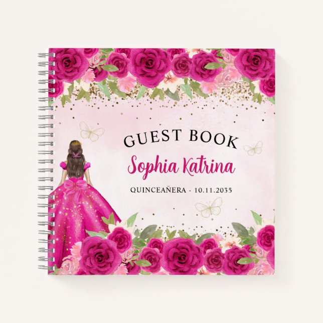 Magenta Pink Gold Floral Princess Quinceañera Notebook (Front)