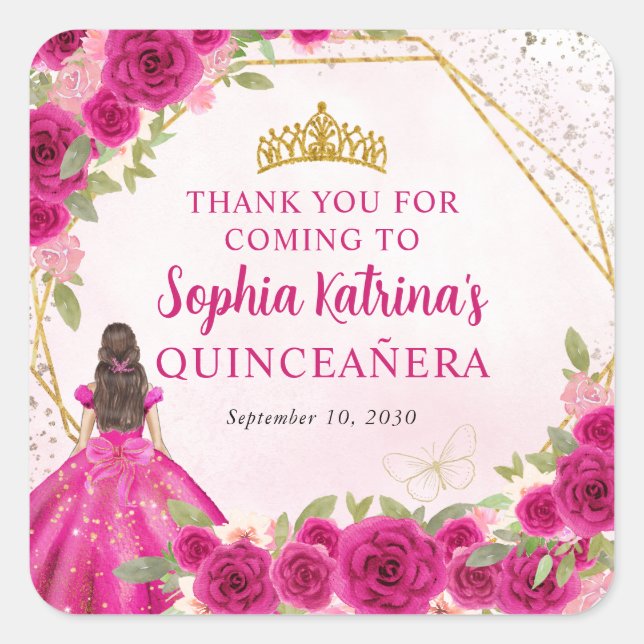 Magenta Pink Gold Floral Princess Tiara Thank You Square Sticker (Front)