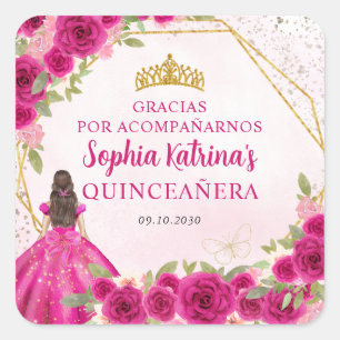 Magenta Pink Gold Floral Princess Tiara Thank You Square Sticker