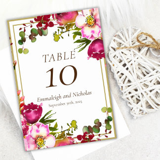 Magenta Pink Gold Floral Wedding Table Number