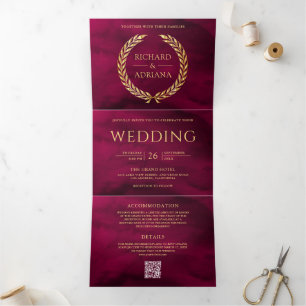 Magenta Pink Gold Laurel Minimal QR Code Wedding Tri-Fold Invitation