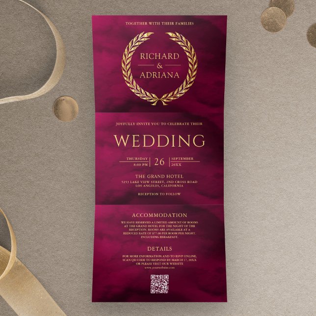 Magenta Pink Gold Laurel Minimal QR Code Wedding Tri-Fold Invitation (Creator Uploaded)