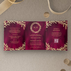 Magenta Pink Gold Leaf Branch QR Code Wedding Tri-Fold Invitation