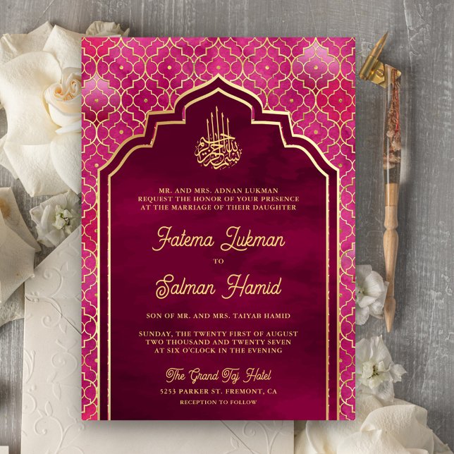 Magenta Pink Gold Moroccan Arch Muslim Wedding Invitation (Creator Uploaded)