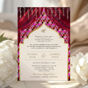 Magenta Pink Gold Quatrefoil QR Code Sikh Wedding Invitation