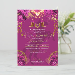 Magenta Pink Gold Roses Elegant Charro Quinceanera Invitation