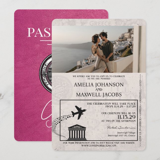 Magenta Pink Greece Passport Wedding Invitation (Front/Back)