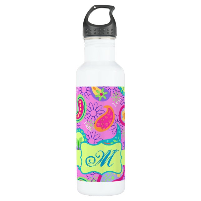 Magenta Pink Green Modern Paisley Pattern 710 Ml Water Bottle (Front)