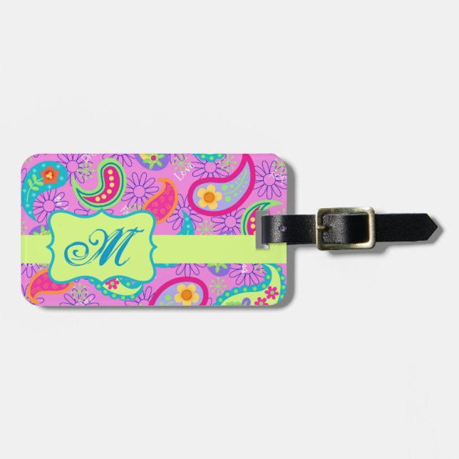 Magenta Pink Green Modern Paisley Pattern Luggage Tag (Front Horizontal)