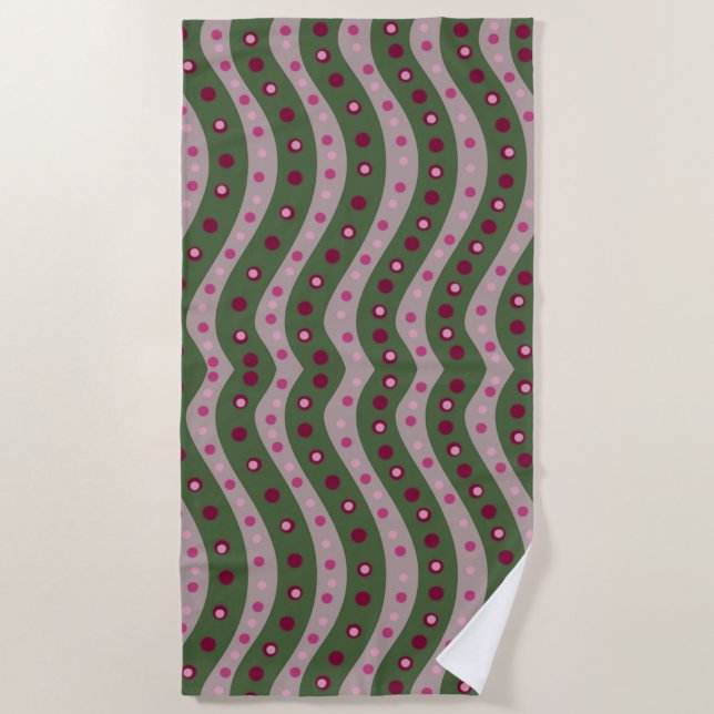 Magenta Pink Green Springtime Polka Dot Patterned  Beach Towel (Front)
