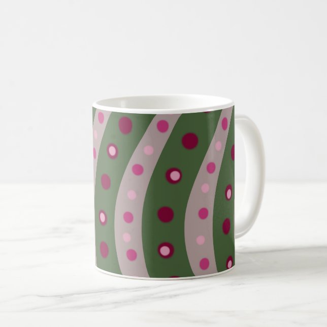 Magenta Pink Green Springtime Polka Dot Patterned Coffee Mug (Front Right)