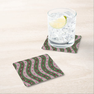 Magenta Pink Green Springtime Polka Dot Patterned Square Paper Coaster
