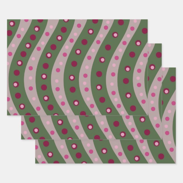 Magenta Pink Green Springtime Polka Dot Patterned Wrapping Paper Sheet (Set)