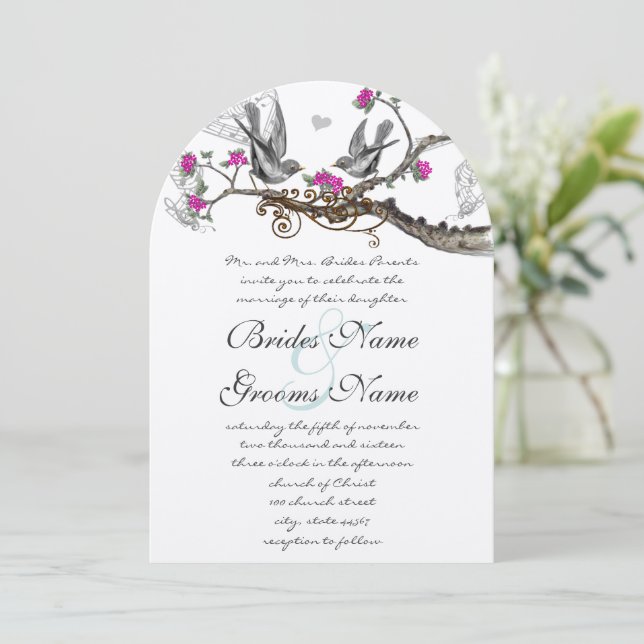 Magenta Pink & Grey Vintage Birds Forest Wedding Invitation (Standing Front)