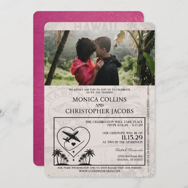 Magenta Pink Hawaii Passport Wedding Invitation (Front/Back)