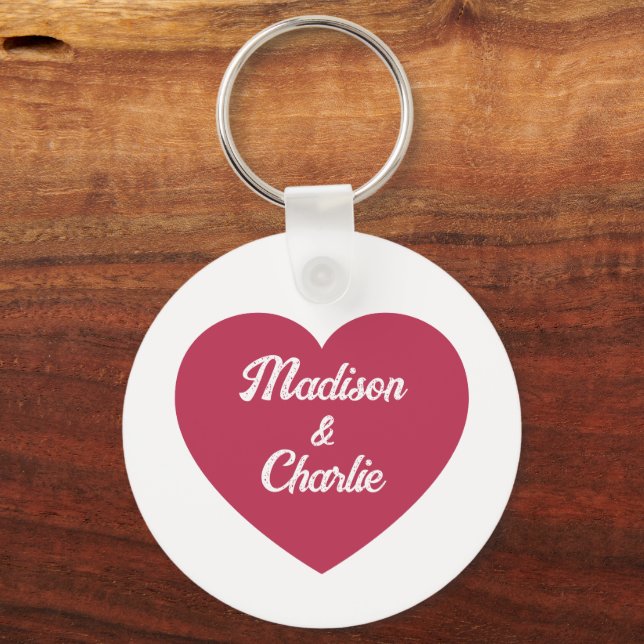 Magenta pink Heart couple names Valentines day Key Ring (Front)
