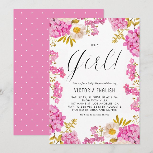 Magenta Pink Hydrangeas It's a Girl Baby Shower Invitation (Front/Back)
