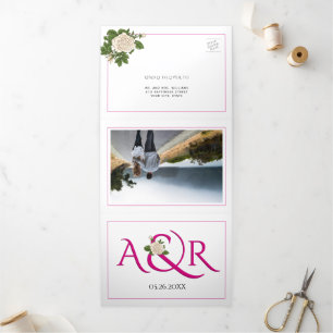 Magenta pink initials and ampersand, rose wedding Tri-Fold invitation