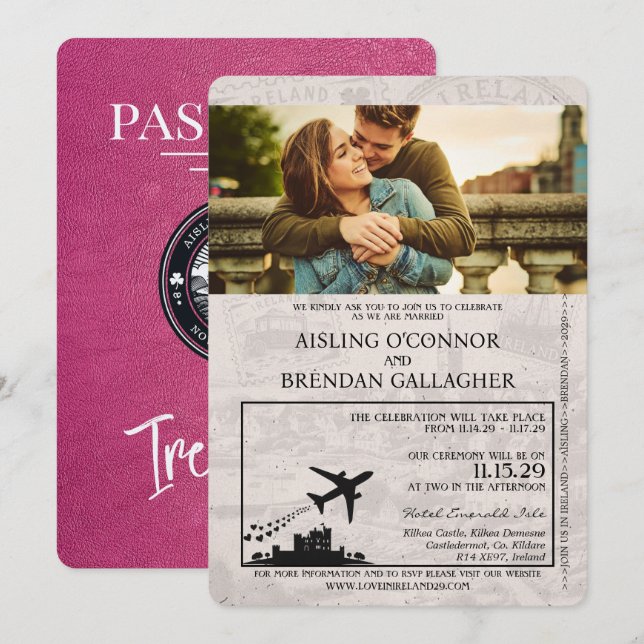 Magenta Pink Ireland Passport Wedding Invitation (Front/Back)