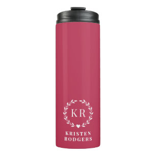 Magenta Pink Laurel Wreath Crest Monogram Thermal Tumbler