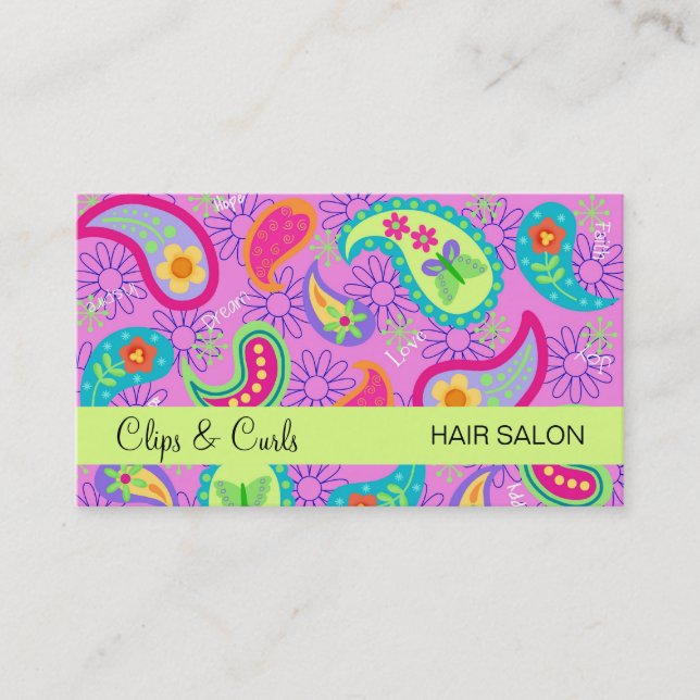 Magenta Pink Lime Green Modern Paisley Pattern Business Card (Front)