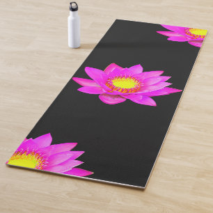 Magenta Pink Lotus Flowers on Black Yoga Mat