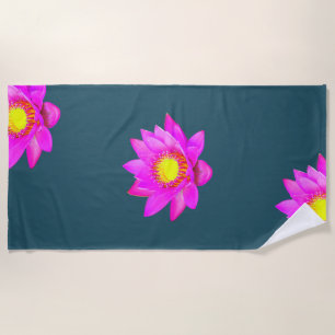Magenta Pink Lotus Flowers on Blue Beach Towel