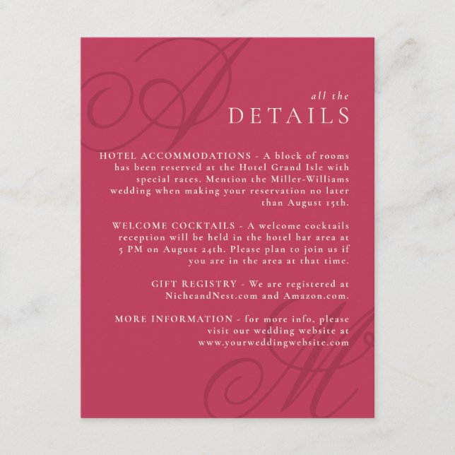 Magenta Pink Modern Edge Elegant Monogram Details Enclosure Card (Front)
