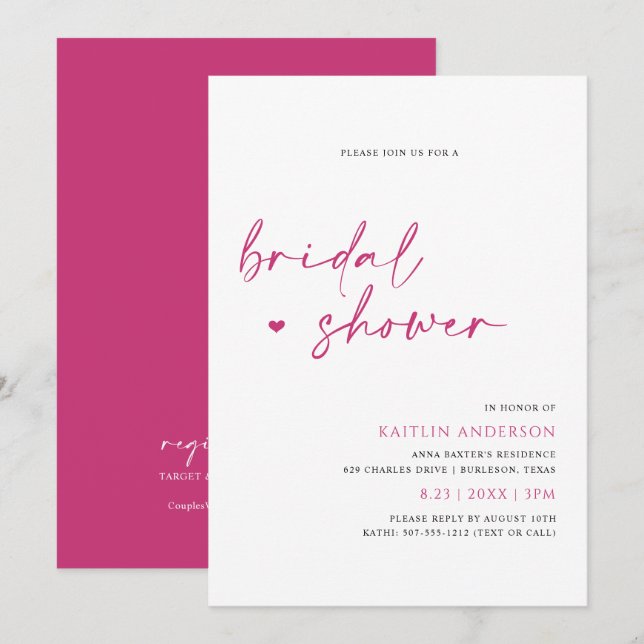 Magenta Pink Modern Handwriting Bridal Shower Invitation (Front/Back)