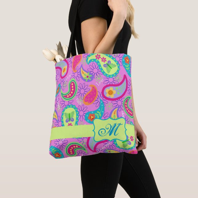 Magenta Pink  Modern Paisley Monogram Tote Bag (Close Up)