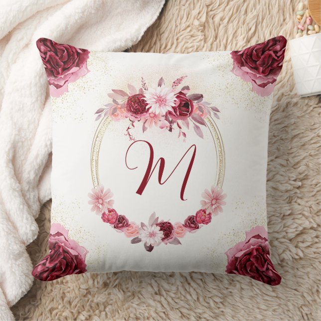  Magenta Pink Monogram Watercolor Floral Wreath  Cushion (Blanket)