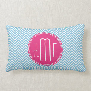 Magenta Pink Monogram with Light Blue Chevron Lumbar Cushion